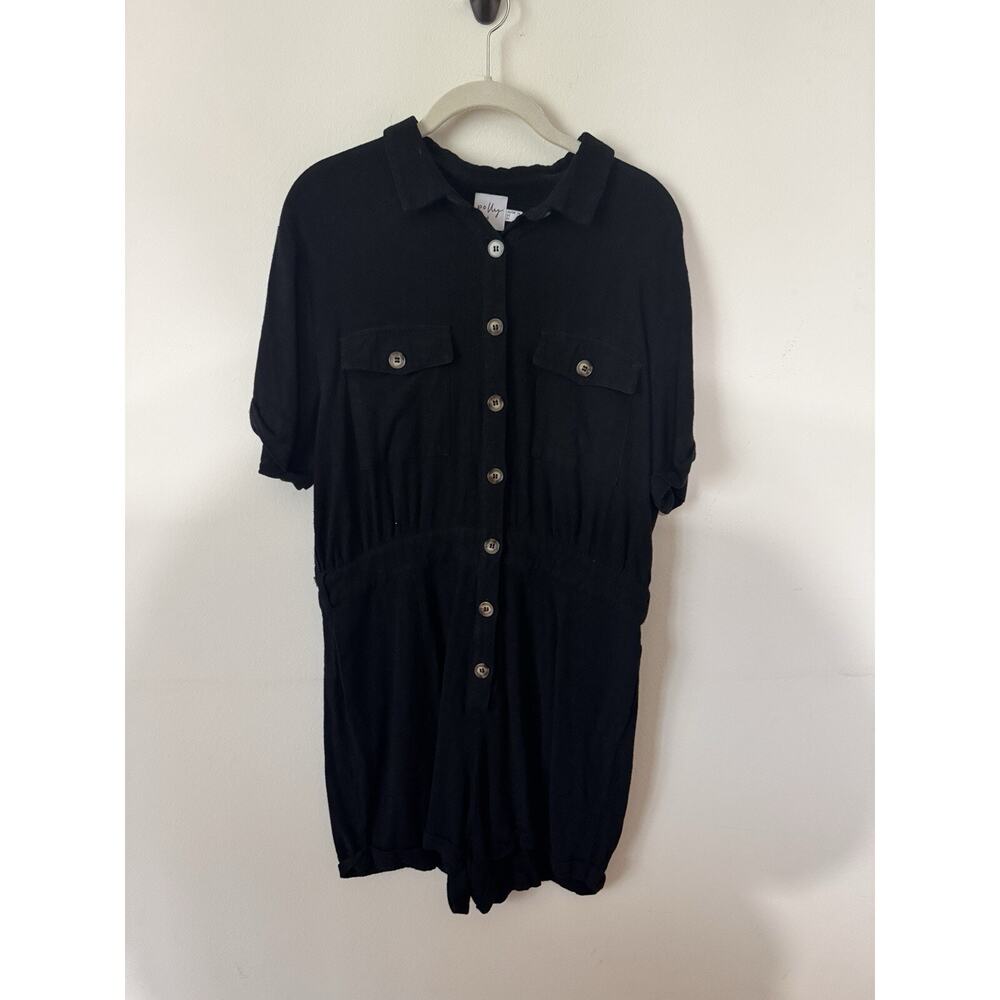 Princess Polly Womens Black Linen Romper Size 10 Button Up Cuffed Shorts